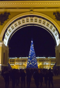 s firtree in garlands of fires at Palace Square, St. Petersburg