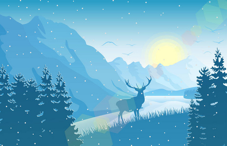 雪中麋鹿湖附近森林中有鹿的冬季山景照片