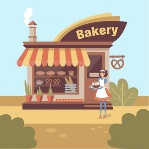 手里拿着蛋糕平面卡通矢量烤馒头红润的地壳,烘焙纸上美味的自制蛋糕