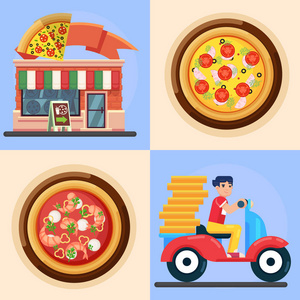 ast 交付人和比萨矢量彩色插画在平坦的风格比萨店比萨快餐店菜单插图