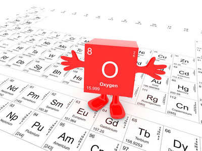 元素符号在元素周期表上，手举起来的红色立方体