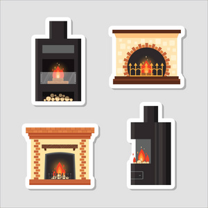 贴纸矢量设置不同的五颜六色的家庭壁炉与火和木柴灰色背景。设计元素, 黏贴标签在平的样式存货例证