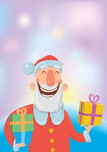 滑稽的微笑圣诞老人在五颜六色的箱子运载礼物。圣诞快乐, 新年愉快。矢量插图。色彩鲜艳背景下的卡通人物