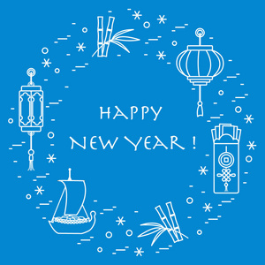 新的一年符号 日本宝船 竹子 中国灯笼