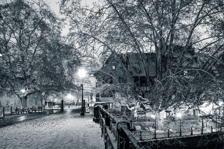 斯特拉斯堡的白雪覆盖的夜街黑白景色