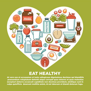健身健康食品心脏海报运动饮食食品营养和膳食补充图标。 含载体蛋白饮料天然蔬菜或水果低热量减肥丸和碳水化合物谷类食品