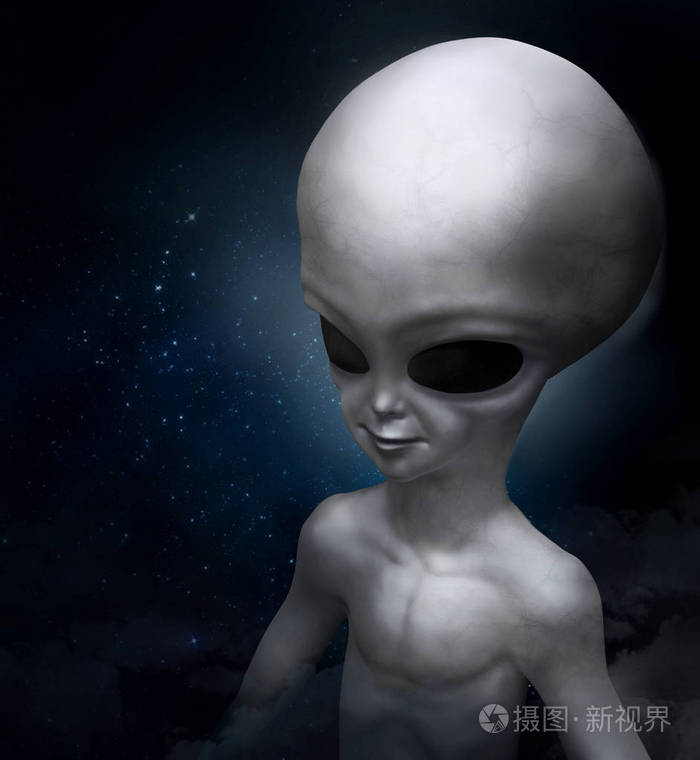 宇宙背景上一个灰色外星人的肖像三维插图