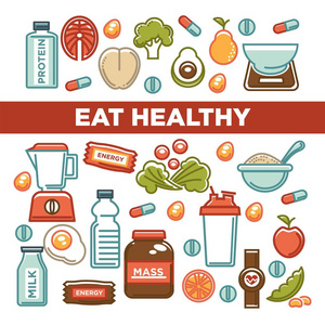 健身食品海报运动健康饮食食品营养海报。 蛋白质饮料天然蔬菜或水果健身房能量棒质量或减肥丸和膳食补充剂的设计