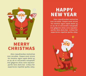 圣诞快乐或新年快乐卡通圣诞老人在寒假问候或喝茶贺卡设计模板。 有趣的圣诞老人角色滑雪或坐在椅子上吃饼干