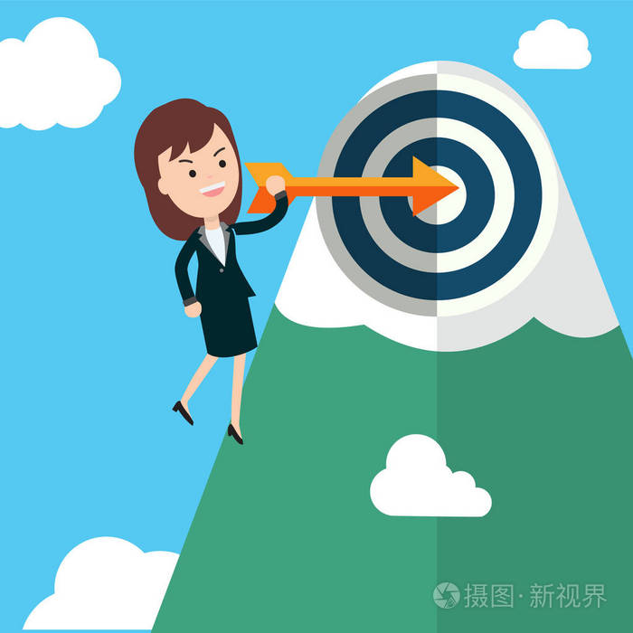 女实业家举行箭头和射击到目标与山和天空背景矢量例证.