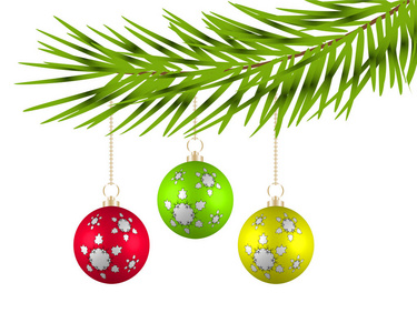 圣诞球在一棵树的树枝上。矢量图