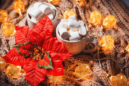 圣诞节背景与可可粉或咖啡与棉花糖在白色杯子和红色花在棕色针织冬天围巾和发光的金黄花环。家居舒适温馨的美丽理念