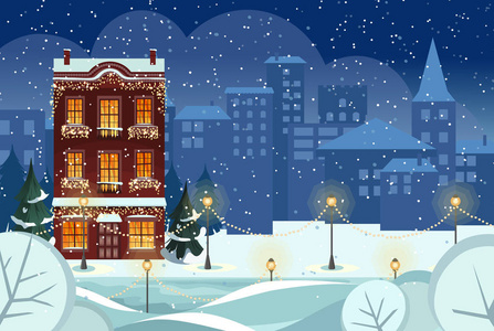 圣诞快乐，新年快乐，雪城背景与冬季城市景观。 舒适的房子和树。 圣诞前夜在古镇。 圣诞贺卡背景海报。 矢量插图