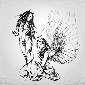 决策概念插图/平面可编辑矢量插图, 剪贴画恶魔与天使,手工绘制矢量的