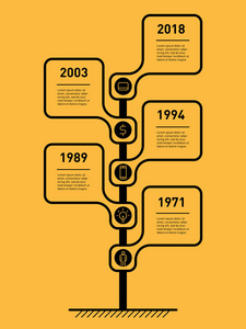 垂直时间线信息图形。 企业的发展和壮大。 趋势和趋势图的时间线。 具有5个选项部分步骤或流程的业务概念