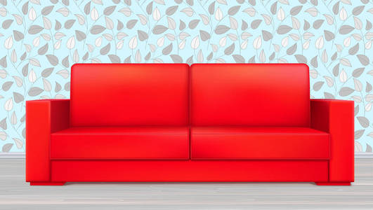 红色现代豪华沙发为客厅, 招待会或休息室。矢量, 3d 插图在室内墙纸背景。单一对象的图标, 逼真的设计