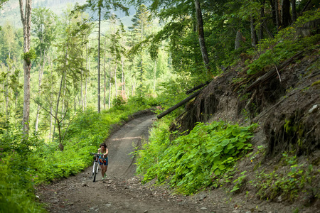 自行车在绿色森林里推单车图片