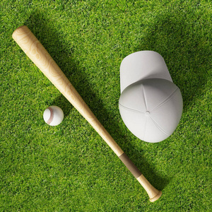 棒球帽, 球和蝙蝠站在草地上。3d 插图