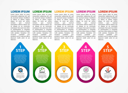 矢量插图。一个带有5个步骤的信息模板和一个五箭头的图像。用于商务演示教育网页设计。文本和图标的位置