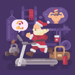 圣诞老人在圣诞节锻炼身体。圣诞老人跑在跑步机上在健身房梦想一个强壮的身体
