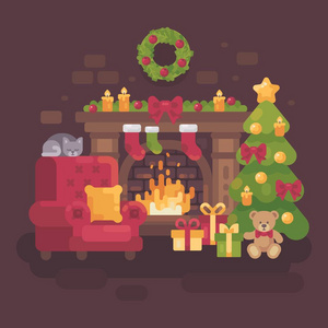 温馨装饰的圣诞房, 配有壁炉一张红色扶手椅一棵带有礼物的圣诞树和一只沉睡的猫。假日平面图