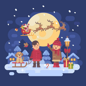 两个带着狗的孩子在一个下雪的冬夜外面玩耍。一个雪橇和一只小狗的男孩。女孩在雪橇上指着圣诞老人的驯鹿。圣诞字贺卡平面图