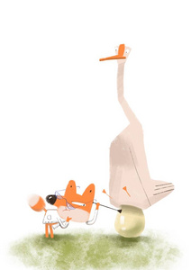 手绘卡通可爱大白鹅狐狸和鹅的卡通插图. 您的明信片手绘插图照片