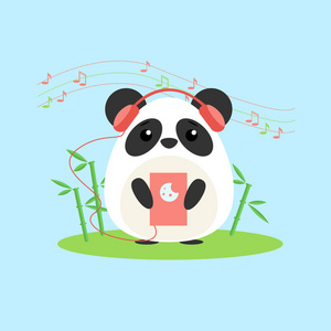 植物触手动漫拟人熊猫谁听音乐从设备的矢量插图.