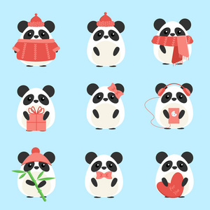 矢量熊猫在暖和的衣服上有不同的主题: 竹子,帽子,围巾,礼物,心,弓.