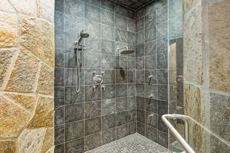 豪华大厦步入式淋浴, 带黑色方形瓷砖墙