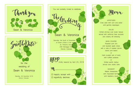 保存日期卡，结婚请柬 贺卡和美丽的鲜花 绿叶的林登和字母