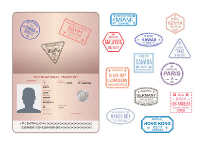 公开护照的模板与邮票, 封印。旅行移民