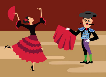 西班牙斗牛士卡通剪贴画。 斗牛矢量插图。 穿红色斗篷的托雷多人。 传统的西班牙式。 漂亮的拉丁舞者带着扇子。