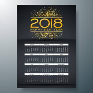 2018日历模板插图, 在黑色背景上有闪亮的金色数字。星期从星期日开始。矢量设计