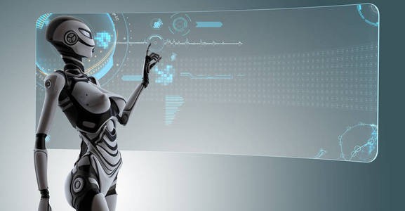 未来派机器人女孩与HUD工作的数字背景3D渲染