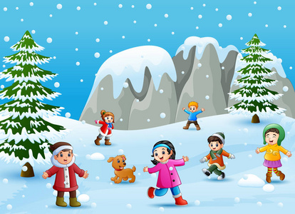 冬季快乐小孩玩滑雪和狗的矢量图冬天, 那个拿着狗的人在雪乡路上走着