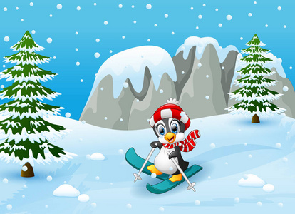 冬季可爱企鹅滑雪矢量图照片