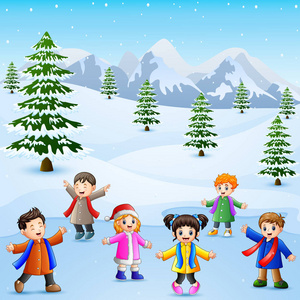 卡通儿童在雪地里玩耍的矢量图