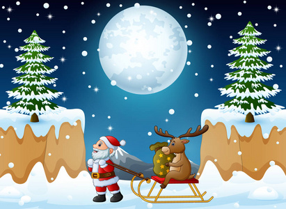 卡通滑稽圣诞老人用一袋礼物把驯鹿拉在雪橇上的矢量插图照片