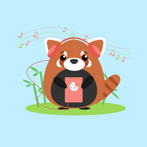 从装置听音乐的拟人化红熊猫的矢量插图。可爱卡通动漫风格