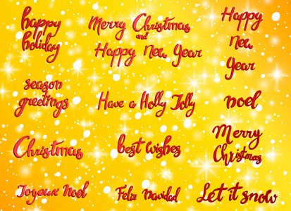 圣诞快乐。新年快乐, 2018 张贺卡。版式圣诞节设置与手绘文本和设计装饰元素。矢量标志, 刻字, 标志, 横幅, 贺卡, 礼品