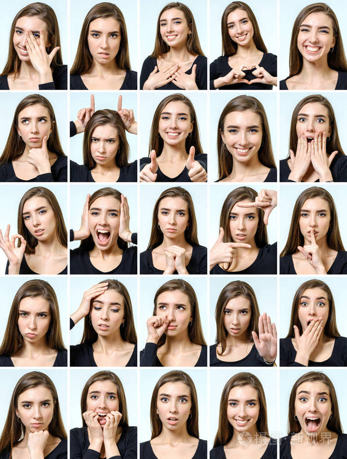 拼贴的不同的面部表情的漂亮女孩