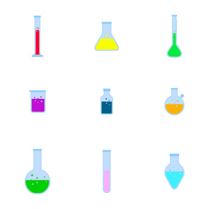 图标设置的瓶子与化学实验室玻璃器皿，您的设计