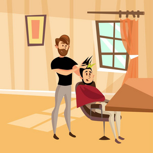 职业发型男性理发师服务客户在理发店, 职业发型设计师在工作场所卡通