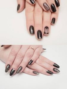 黑色指甲的女人双手的特写。修指甲