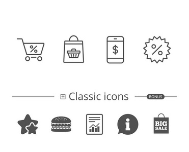 购物车折扣和智能手机线图标。 网上购物标志。 信息语音气泡标志。 还有更多的迹象。 可编辑笔画。 向量