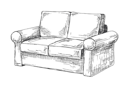 白色背景上孤立的沙发在素描风格的矢量图
