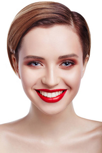 女孩带着完美的白色牙齿微笑. 孤立照片