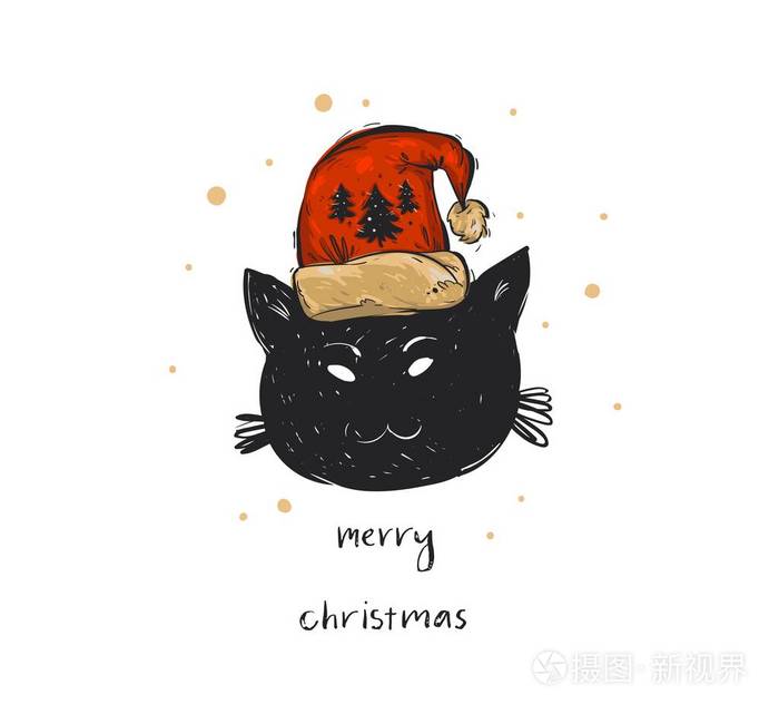 手绘矢量抽象圣诞时光卡通涂鸦节日插图卡模板与假日黑猫圣诞老人帽子和手写书法孤立白色背景