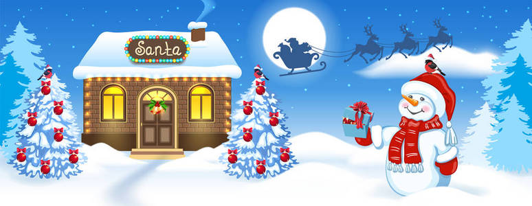 圣诞节卡片与雪人砖房子和圣诞老人的车间 ag